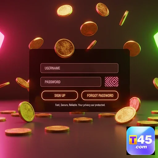 Tela do aplicativo t45 com opções de login e moedas virtuais.