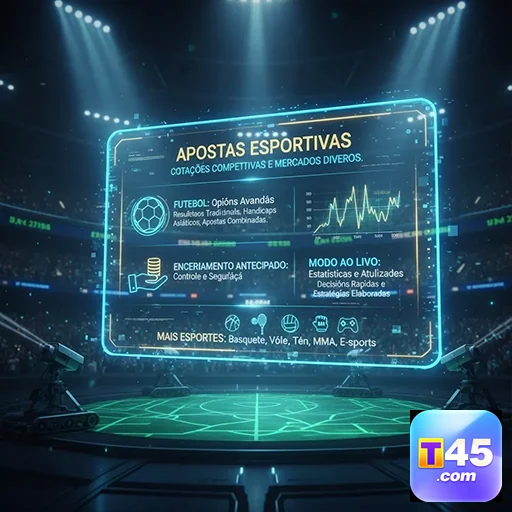 t45 exibe interface de apostas esportivas com recursos avançados.