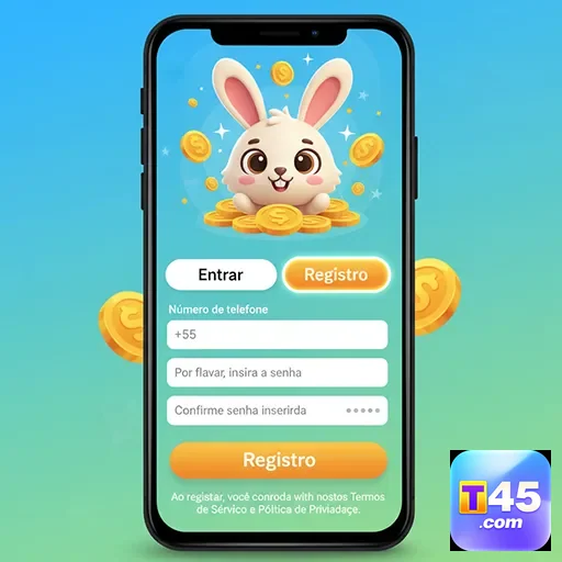 Tela de cadastro do t45 com coelhos e moedas.