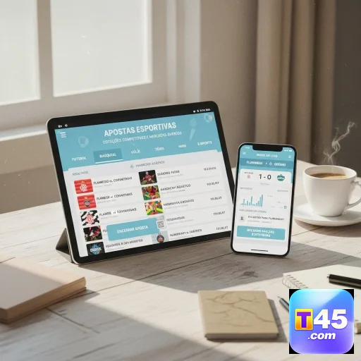 Dispositivos mostrando a plataforma t45 para apostas esportivas.