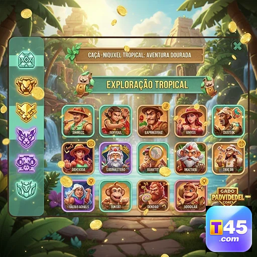 Interface de jogos de caça-níquel do t45 com ilustrações vibrantes.