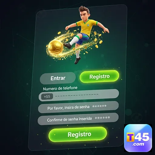 Tela de registro do t45 com opções de cadastro e login.