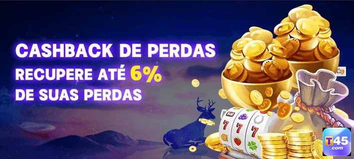 Interface de slots da t45 apresentando cashback de 6%.