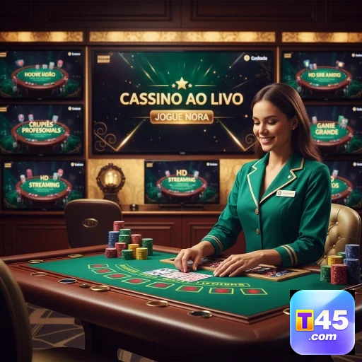 Dealer feminina em cassino ao vivo no t45, com mesas de jogo.