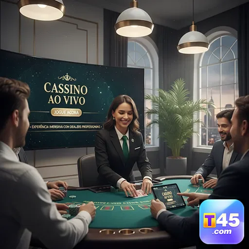 Jogadores em mesa de cassino ao vivo no t45, interação real.