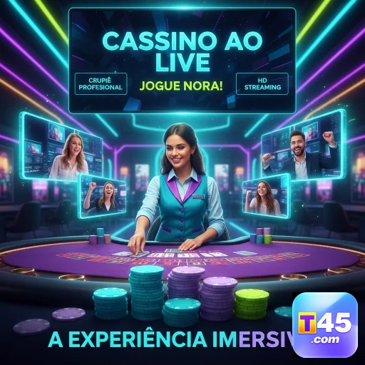 Interface do aplicativo t45 com cassino ao vivo e jogadora.