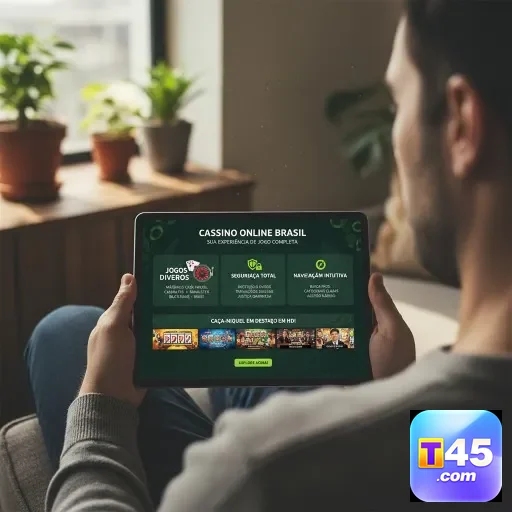 Usuário acessando serviços VIP no t45 em tablet moderno.