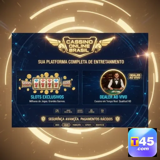 Interface do cassino online t45 com jogos de slots e dealer ao vivo.