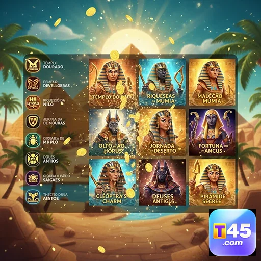 Slots temáticos no t45, como Templo Dourado e Fortuna Ancus.
