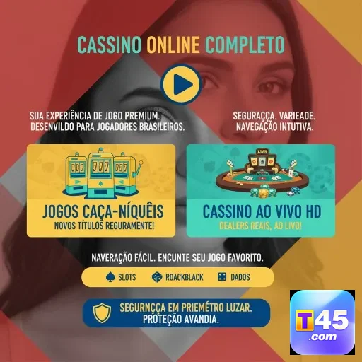 Interface do cassino online t45 com jogos VIP e caça-níqueis.