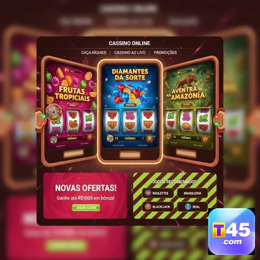 Tela do t45 com promoções de jogos e bônus visíveis.