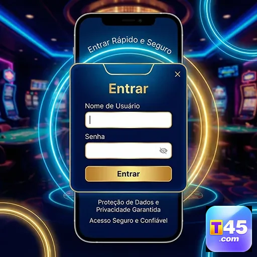 Tela de login do t45 com serviços VIP e jogos de slots.