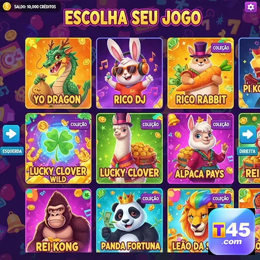 Tela do aplicativo t45 com opções de jogos disponíveis.