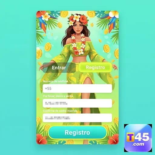 Interface de registro da t45 com design vibrante e intuitivo.