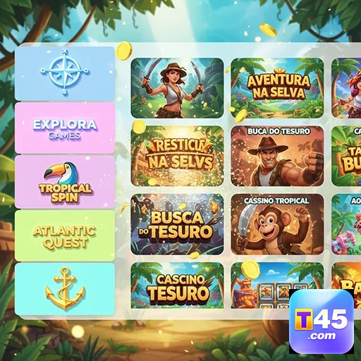 Tela de jogos da t45 com opções de aventura e exploração.