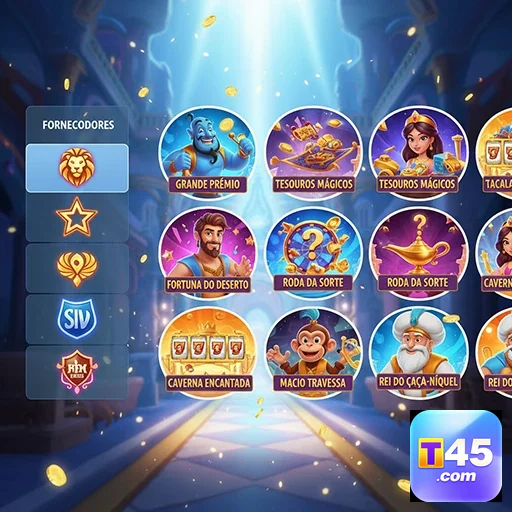 Tela do app t45 mostrando slots com bônus e prêmios