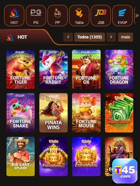 Interface do site t45 com diversos jogos de slots populares.