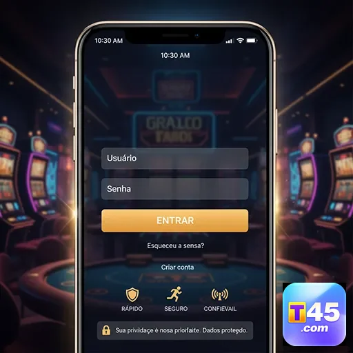 Tela de login da plataforma t45 para jogadores VIP.