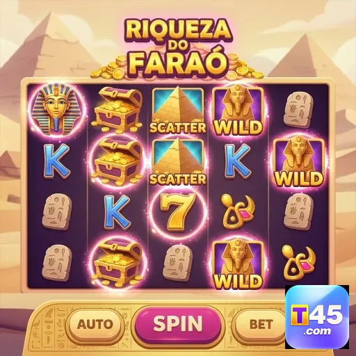 Slot jogo Riqueza do Faraó no t45 com símbolos e recursos.