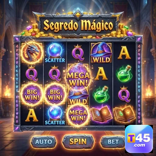 Imagem do jogo Segredo Mágico no t45 com ganhos destacados.