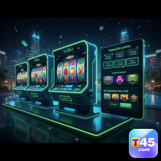 Máquinas de caça-níqueis iluminadas do t45 em um cassino.