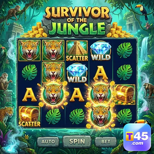 Imagem do jogo Survivor of the Jungle no t45, com tigres e tesouros.