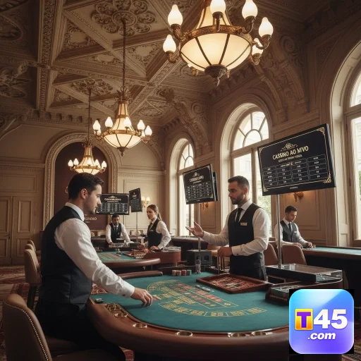 Jogadores e croupiers em cassino com atendimento VIP no t45.